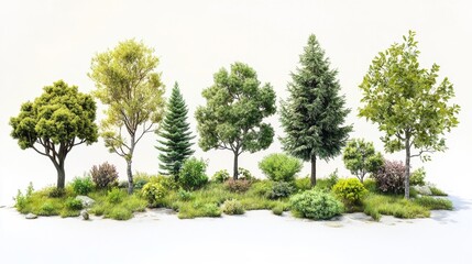 Realistic Green Trees and Bushes on White Background. Generative AI