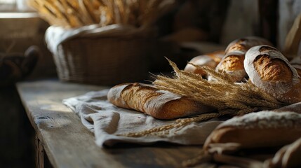Crusty baguettes with wheat spikelets on a rustic wooden table