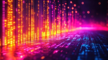 Abstract digital data stream, glowing lines and particles, futuristic technology background.