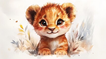 Adorable Baby Lion Cub in Watercolor Style. Generative AI