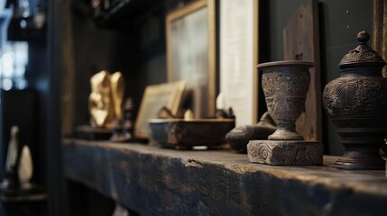 Vintage decor with antique vases and candles on a wooden shelf