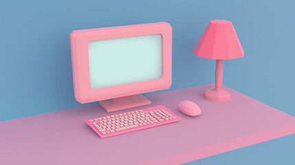 A 3D pink plastic computer with a monitor, keyboard, and desk lamp placed on a purple backdrop.