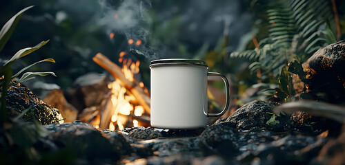 A white enamel mug mockup placed in an outdoor adventure scene, surrounded by a bonfire and forest, perfect for camping gear branding.