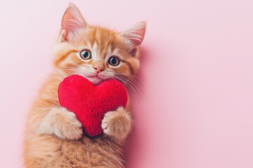 Adorable Ginger Kitten Holding Red Heart Against Pink Background - Copy Space