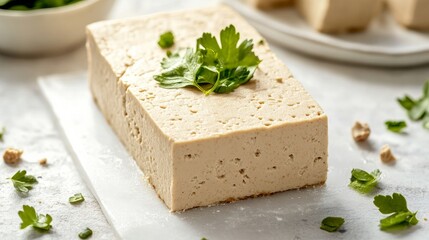 A closeup of a slice of vegan tofu cheesecake on a white table