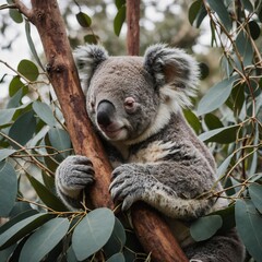 Obraz premium A koala bear sleeping on a eucalyptus branch.