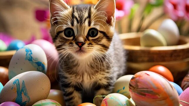 Cute kitten playing with colorful easter eggs and spring flowers