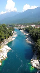 Obraz premium Mountain river valley landscape, summer sun, clear water, scenic view, travel photography