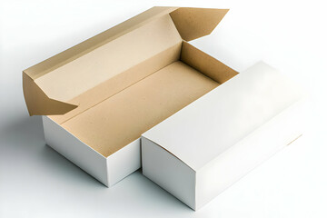 A white open and closed cardboard box with a brown paper wrap mockup, perfect for shipping and eco-friendly brands.