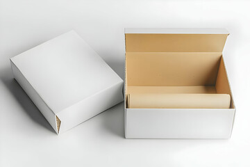 A white open and closed cardboard box with a brown paper wrap mockup, perfect for shipping and eco-friendly brands.