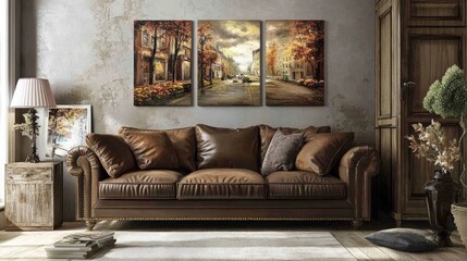 A cozy living room with a sofa and framed artwork on the walls