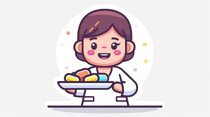 Cute cartoon nurse holding a tray with a medicine bottle, against a white background