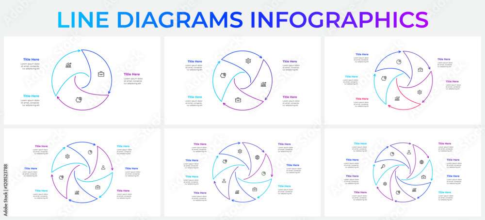 Poster set of line infographic circles elements and arrows. vector diagrams with 3, 4, 5, 6, 7 and 8 option