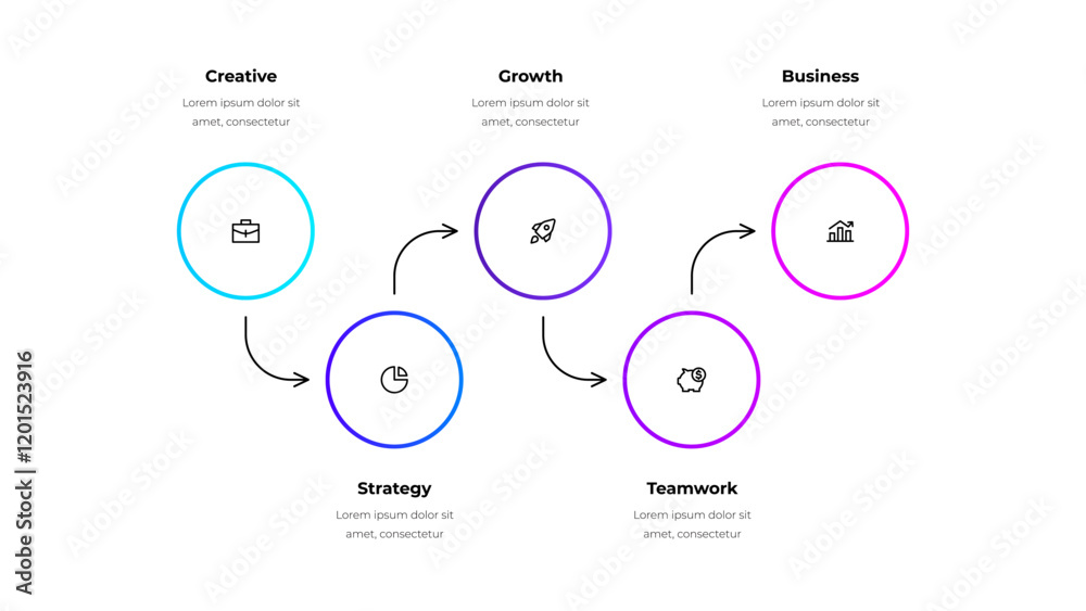 Poster Five line circle elements with arrows for infographic and presentation. Concept of 5 steps of business development process