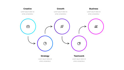 Five line circle elements with arrows for infographic and presentation. Concept of 5 steps of business development process