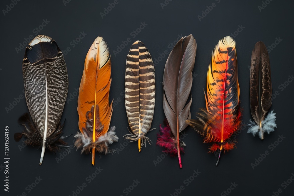 Poster six colorful feathers lying on a simple black background creating an elegant and minimalist composit