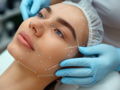 Woman receiving a non-surgical facelift with PDO threads