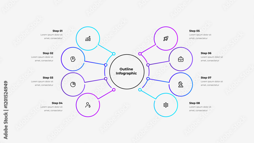 Poster Line organization chart with eight options, steps or processes. Center circle with 8 small circles presentation for business data analytics visualization. Outline diagram