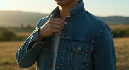 Young male adjusting denim jacket outdoors at sunset