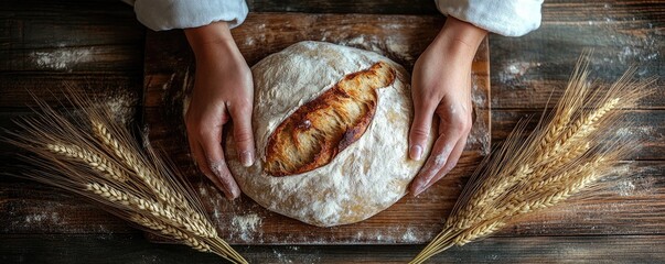 Baker's hands hold sourdough bread, wheat stalks, rustic wood background. Food blog use