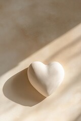Soft white handmade clay heart rests on a matte beige surface, bathed in gentle shadows ideal for layout and text presentation. The clean design offers an organic feel
