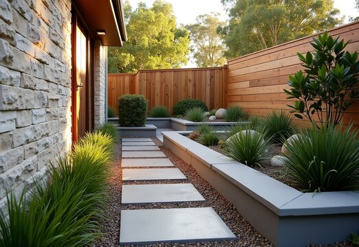Backyard Native Garden: Australian Plants, Sandstone Walls, White Brick, Wood Slats, Sunset Lighting, Natural, Textured, Green, Shadows - Powered by Adobe