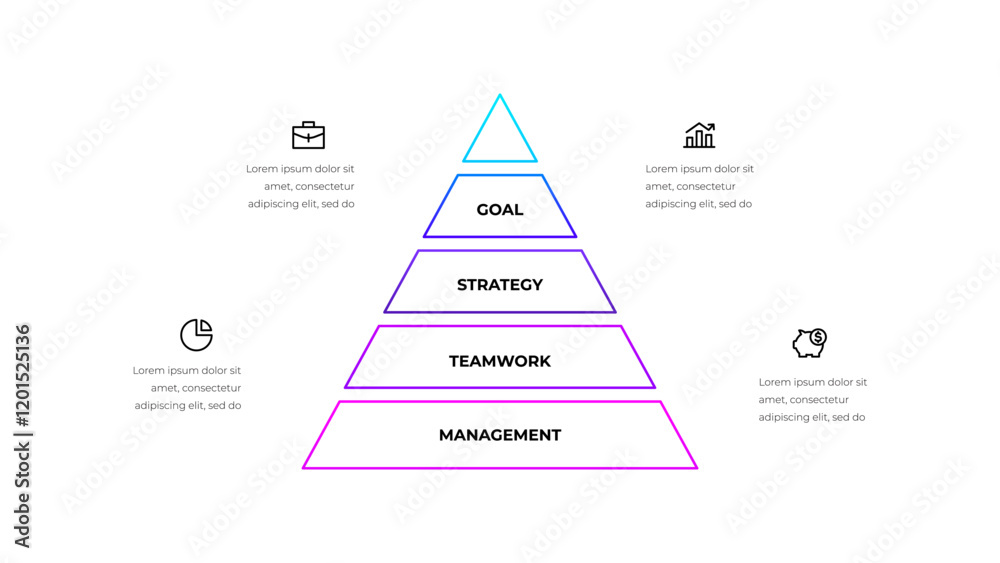 Aufkleber Outline pyramid diagram divided into five segments. Concept of 4 steps of business development progress. Minimal infographic design template. Modern flat vector illustration for presentation, report