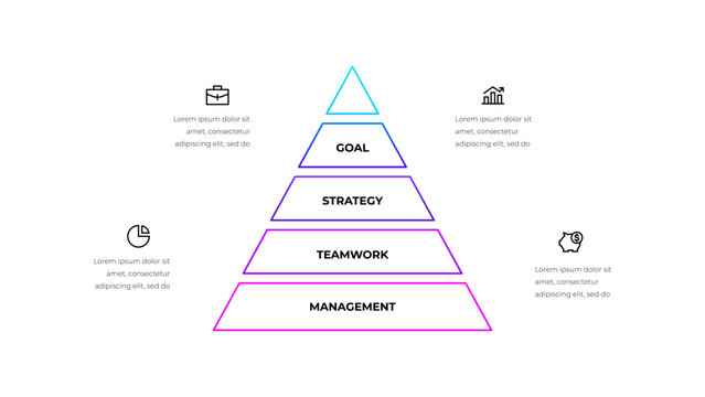 Outline pyramid diagram divided into five segments. Concept of 4 steps of business development progress. Minimal infographic design template. Modern flat vector illustration for presentation, report