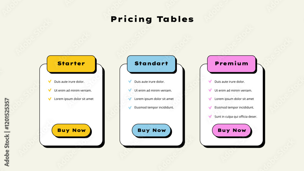 Poster neobrutalism pricing tables. subscription options or what is included in the plan. infographic desig