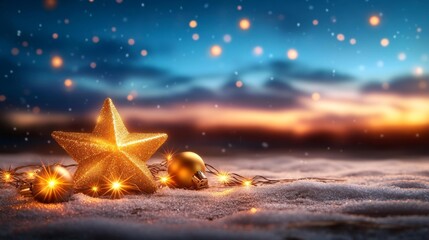 Sparkling golden star on a snowy winter night with holiday lanterns. Generative AI
