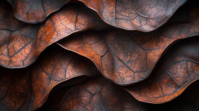 Abstract texture of overlapping dried brown leaves.