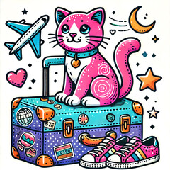 Obraz premium Trendy Cat in Neon Attire with Luggage for Elite Luxury Travel Campaign