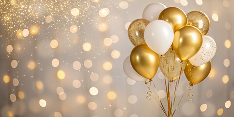 A Beautiful Display of Gold and White Balloons with Sparkling Effects for Festive Occasions