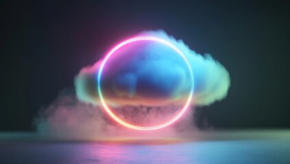 Obraz premium Neon ring glowing in colorful smoke cloud.