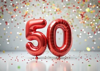 Sparkling 50th Birthday Balloon with Confetti Bokeh - Stock Photo