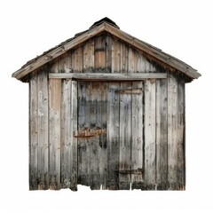 Rustic wooden shack showing weathering and age, isolated on white background, perfect for concepts related to rural life, abandonment, or simple living