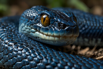 Fototapeta premium an intense closeup of a blue viper snake's face, focusing on its textured skin and sharp features.