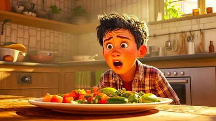 Young boy marvels vegetables kitchen.Child amazed colorful food day.Homely setting filled natural light.Animated scene culinary discovery home.Wonder,health,and freshness combine vividly.Engaging