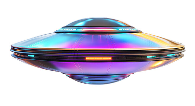 ufo on transparent background, colorful metallic alien flying saucer vehicle, cutout png