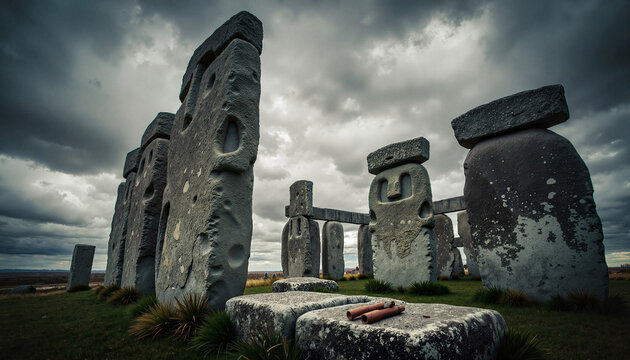 Ancient stone monoliths with mysterious carvings under stormy skies, archaeological significance