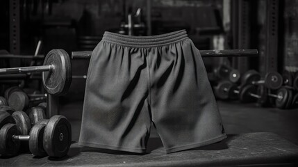 Naklejka premium A pair of athletic mesh shorts draped over a gym bench with weights nearby