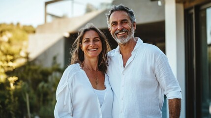 Fototapeta premium Happy smiling mature family couple new property buyers modern dream luxury villa owners standing outside house, affectionate middle aged man and woman in love hugging outdoor. Portrait.