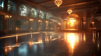 Glamorous ballroom with glowing lights and golden decor. Generative AI