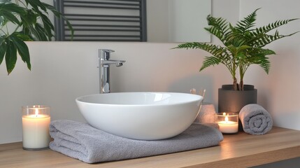 A simple white basin with soft towels and scented candles around it on a wooden surface
