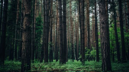 Fototapeta premium Moody pine forest, green undergrowth, misty day, nature background