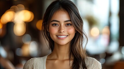 Obraz premium Smiling young woman in a cozy cafe setting with warm lighting and blurred background activity