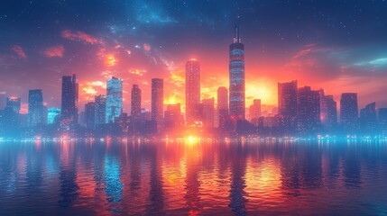 Obraz premium A futuristic cityscape at sunset reflected in calm water. Vivid colors and bright lights create a stunning visual. Ideal for wallpapers or digital art projects.