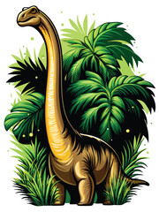 A majestic brontosaurus gracefully reaches its long neck to pluck leaves from a towering palm tree, its massive body casting a long shadow on the lush, prehistoric landscape. © makyas