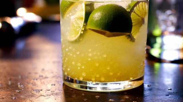 A caipirinha cocktail in a short glass, with muddled lime wedges, sugar, and cachasa, served over crushed ice close up with small pan movement
