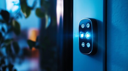 A modern smart lock on a sleek door, symbolizing security and advanced home technology, Smart home security scene